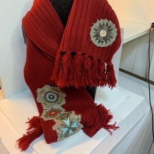 Red Knit Scarf with Embellishments